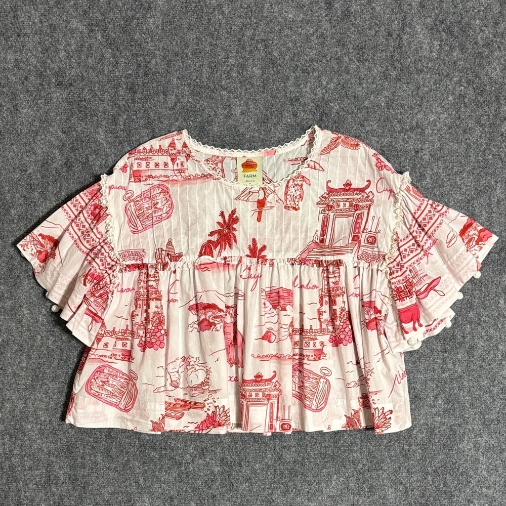 FARM Rio Nossa Lingua Blouse M Red Toile Boho Luxe Statement Top - Picture 2 of 5